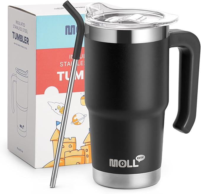 Travel Coffee Mug with Handle-16 oz Stainless Steel Vacuum Insulated Tumbler with Lid and Straw-Reusable Metal Cup with Silicone Pad, Leak Proof-BPA Free (Black) - Bloomnest