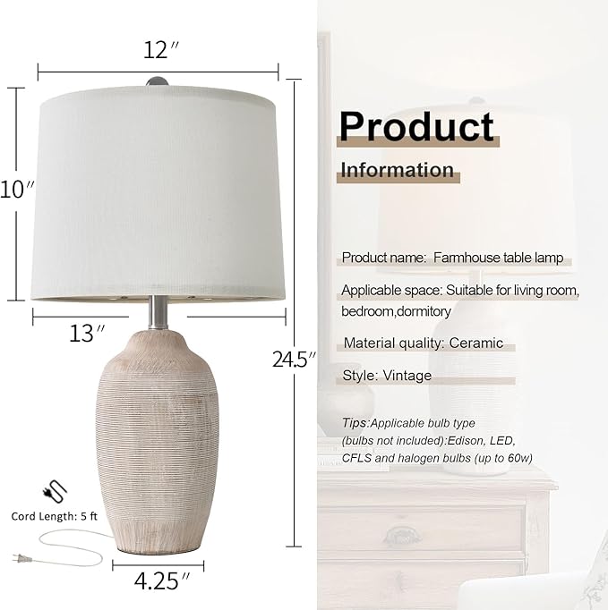 24 inch Vintage Ceramic Table Lamp - Single Farmhouse Rustic Bedside Lamp with Natural Textured Finish, Nightstand Lamps for Living Room, Bedroom, End Table - Bloomnest