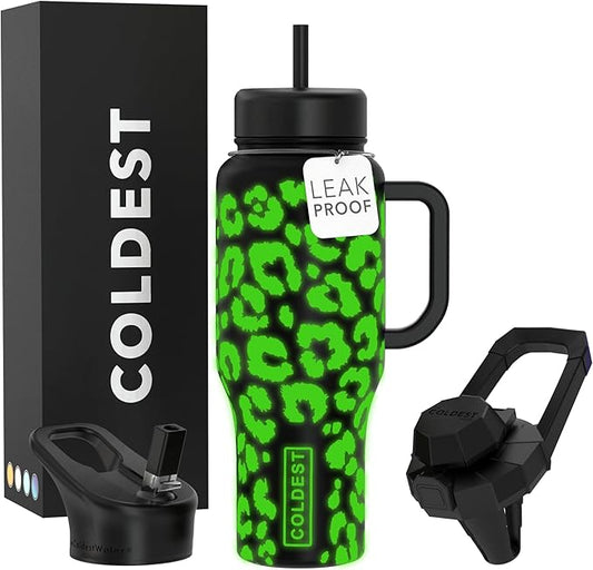 Coldest Tumbler with Handle and Straw, 100% Leak Proof Insulated Tumbler with Lid and Straw (3 Lids), Stainless Steel Tumblers for Women & Men, Cup Holder Friendly, 36 oz (Glowie Leopard) - Bloomnest