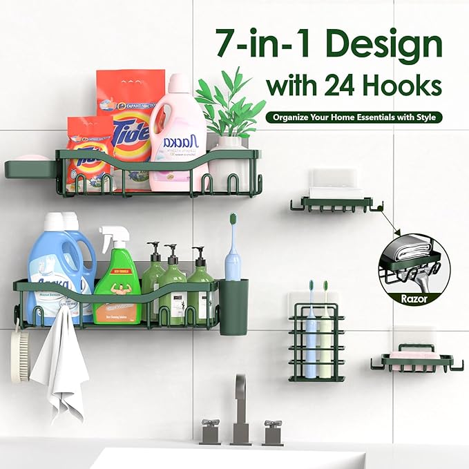 Shower Caddy Adhesive Shower Organizer 7-Pack, Rustproof Stainless Steel Bathroom Shelves, Large Capacity No-Drill Rack Storage Accessories with Soap Dish Toothbrush Holder Hooks - Bloomnest