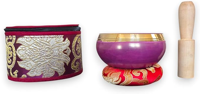 4” Tibetan Singing Bowl Set – Includes Handmade Cushion, Wooden Mallet & Hand-Stitched Case – Chakra Healing, Meditation Sound Bowl – Made in Nepal (Purple) - Bloomnest