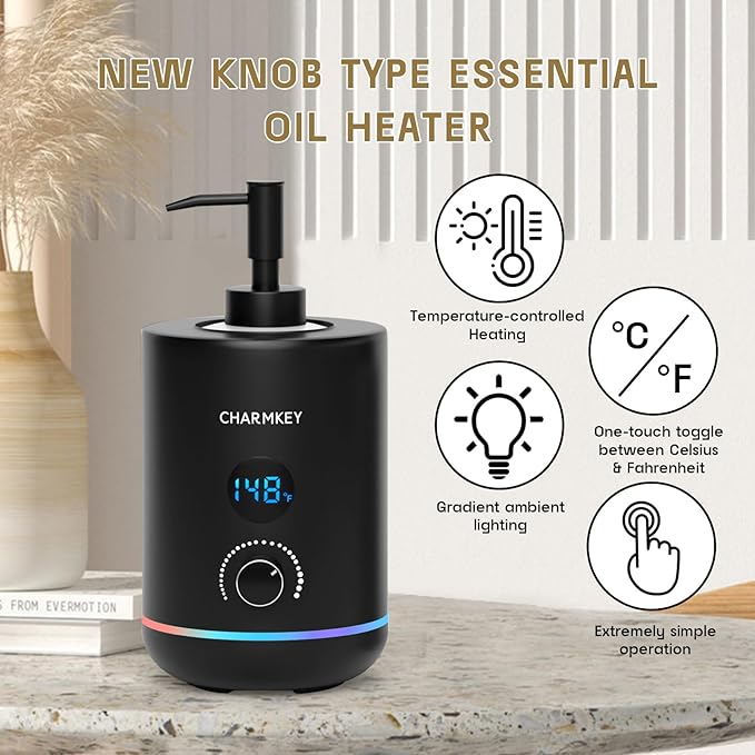 CHARMKEY Massage Oil Warmer Black, 2 Oil Bottle Dispensers & 2 Silicone Funnels, Digital Heater for SPA, Oil Lotion Cream for Salon, Barber Shops, Home - Bloomnest