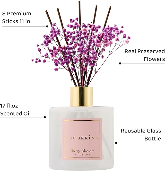 COCORRÍNA Reed Diffuser - Cherry Blossom 17 Fl.oz Reed Diffuser with 8 Sticks Scented Diffuser with Preserved Flowers for Bathroom Home Decor - Bloomnest