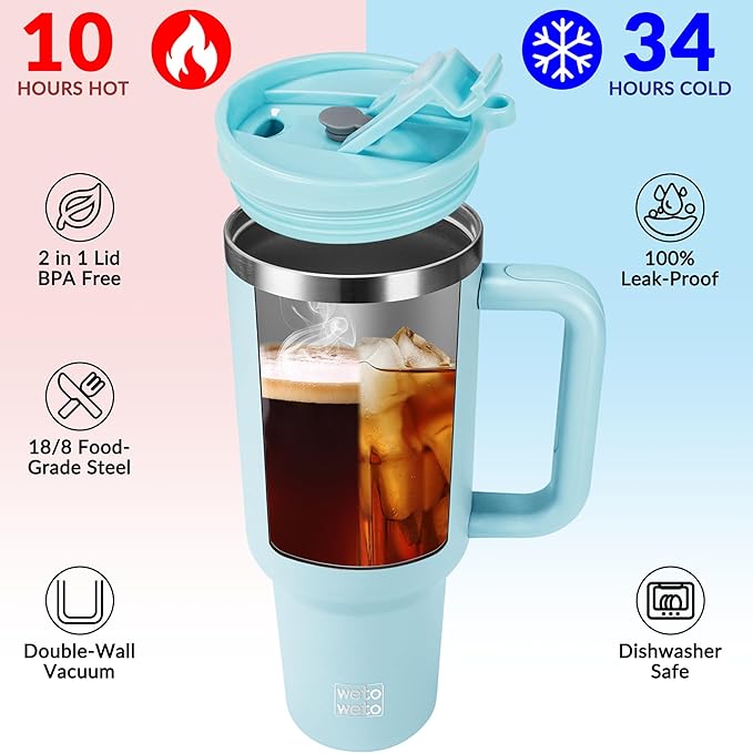 WETOWETO 40oz Tumbler with Handle and Lid | 100% Leakproof Insulated Stainless Steel Travel Mug | Keeps Cold 34Hrs/Hot 10Hrs | Dishwasher Safe, Fits Car Cup Holder (Sky Blue Color) - Bloomnest