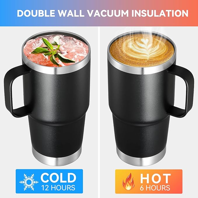 VEGOND 20 oz Tumbler Bulk with Handle Lid and Straw, Stainless Steel Insulated Travel Coffee Mug Set, Spill Proof Double Wall Metal Tumblers Cups, Black 6 Pack - Bloomnest