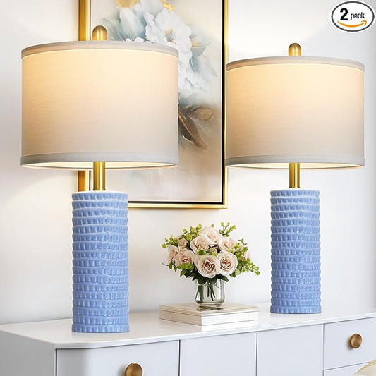 24.5" Table Lamp Set of 2, Modern Ceramic Bedside Lamps for Night Stands, Classic Small Lamp Nightstand Lamp for Bedroom Living Room Desk End Table Rotary Switch Blue - Bloomnest