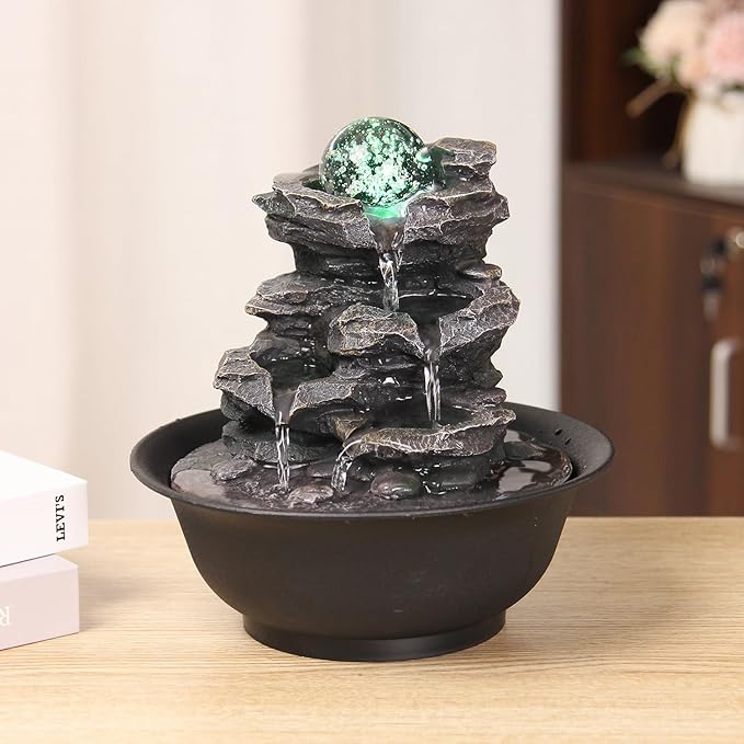 Indoor Tabletop Water Fountain, Resin Meditation Fountain with Color LED Light, Indoor Waterfall Feature for Home Office Decor (E) - Bloomnest