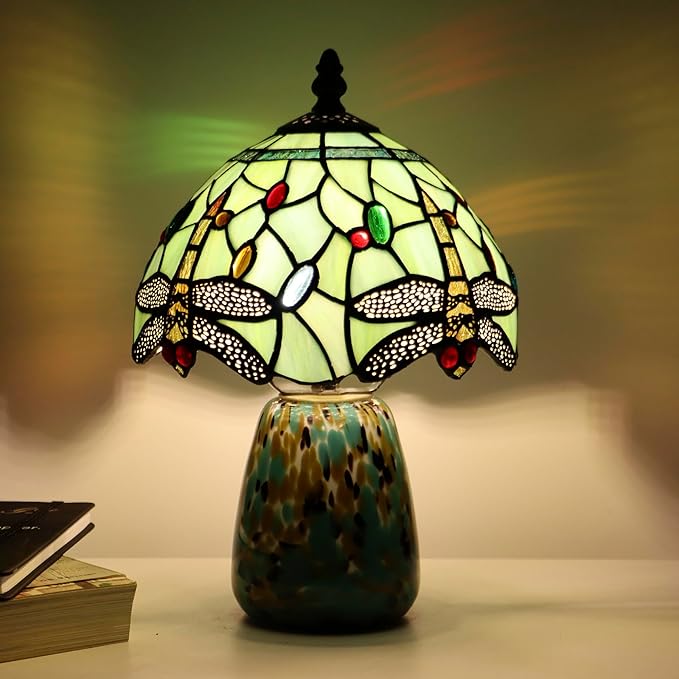 Tiffany Mushroom Table Lamp Dragonfly Style Grass Green Stained Glass Accent Lamp Brown Blue Glass Base 8X8X12 Inch - Bloomnest