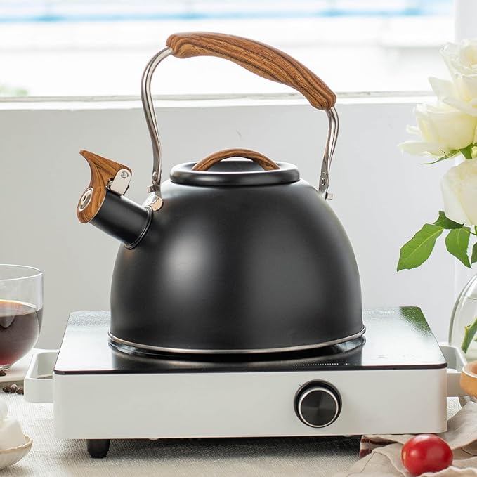 3.2 Quart Whistling Tea Kettle for Stove Top Stainless Steel Tea Pots With Wood Pattern Anti-slip Handle, Black… - Bloomnest