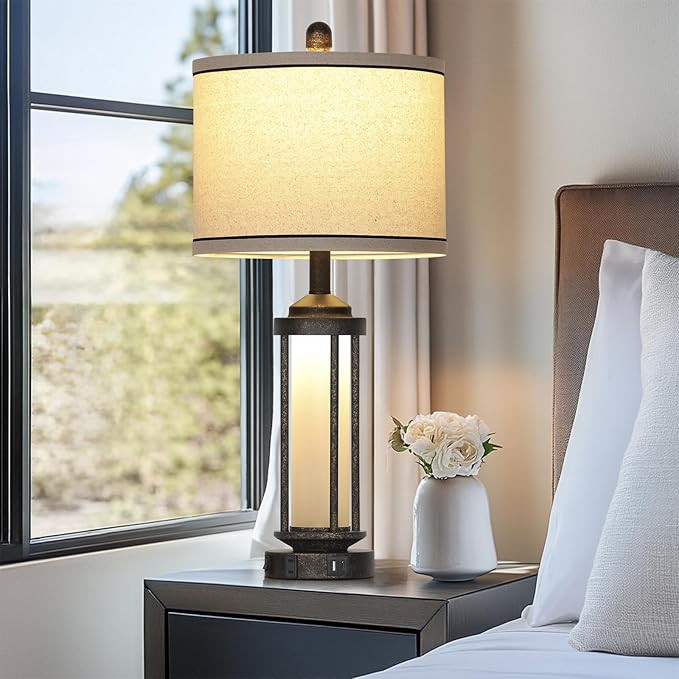 27" Industrial Farmhouse Table Lamp, Vintage Rustic Beside Lamp with USB A+C Charging Ports & AC Outlet, Modern Single Table Lamp with Frosted Glass Night Light for Bedrooms Nightstand Bronze - Bloomnest