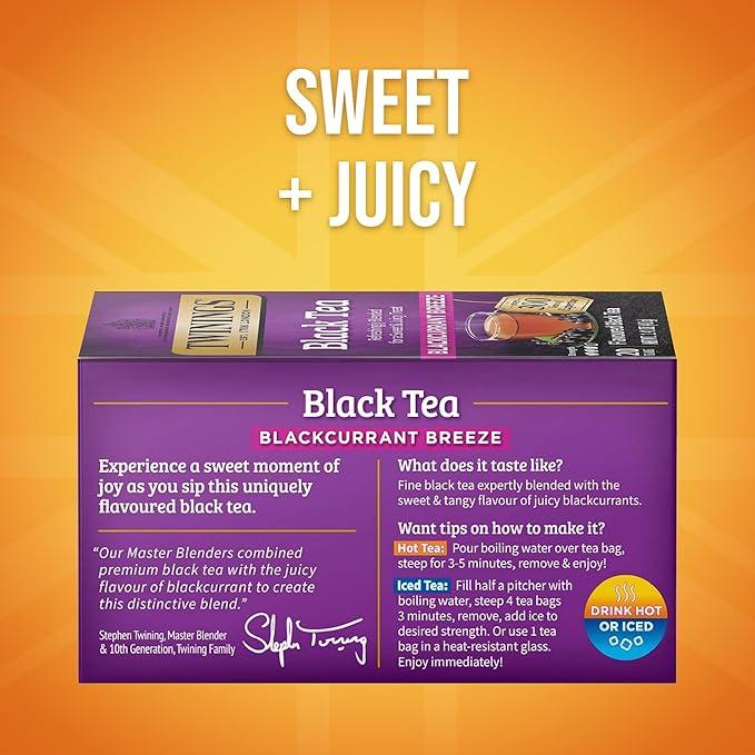 Twinings Blackcurrant Breeze Black Tea Individually Wrapped Bags, 20 Count (Pack of 1), Sweet, Tangy Taste, Caffeinated, Enjoy Hot or Iced, 20 Teabags - Bloomnest