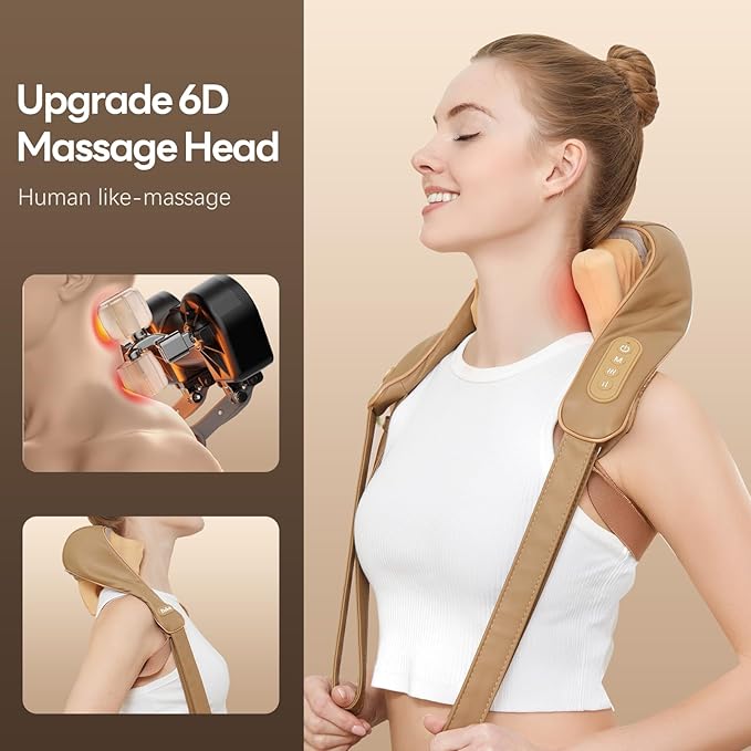 Neck Massager for Pain Relief Deep Tissue with Heat -Cordless Shiatsu 6D Kneading Massage for Neck,Shoulder,Gifts for Mom/Dad（PU-Yellow Brown）