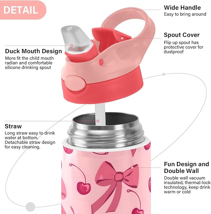 Bow Cherry Pink Kids Insulated Water Bottle, Toddlers Tumbler Travel Cup with Straw & Handle Stainless Steel Cup for Travel School Girls 12 oz - Bloomnest