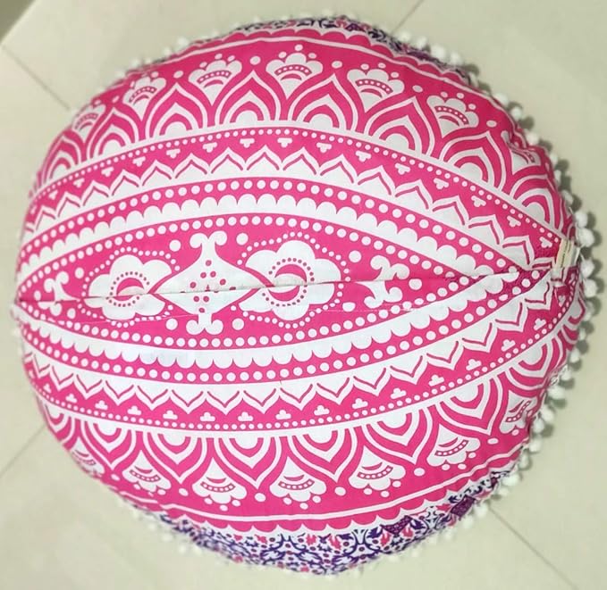 INDIAN CRAFT CASTLE 24" Pink Ombre Mandala Barmeri Large Floor Pillow Cover Cushion Meditation Seating Ottoman Throw Cover Hippie Decorative Zipped Bohemian Pouf Ottoman Pom Pom Cases 24" Round - Bloomnest