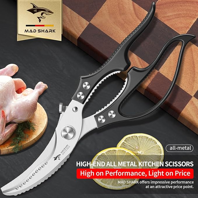 MAD SHARK Professional Heavy Duty Poultry Shears - Kitchen Shears for Spatchcocking Chicken and Meat Cutting, Multi-Purpose Kitchen Scissors for Food, Spring-loaded (Black) - Bloomnest