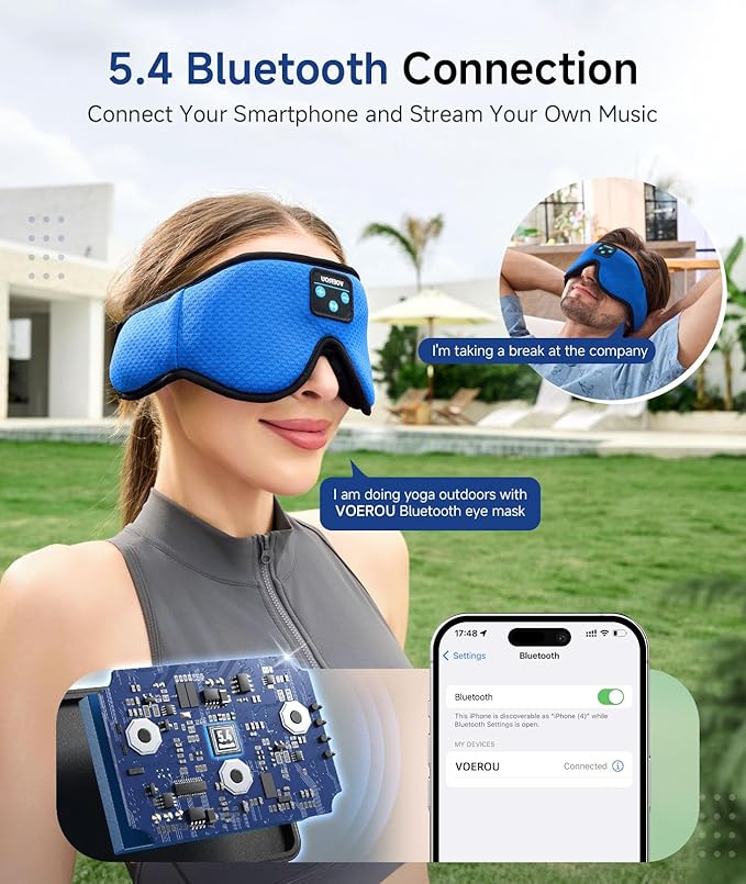 Voerou Sleeping Headphones 3D Eye Mask, Sleep Mask Bluetooth Headphone with Ultra-Thin Stereo Speakers, Sleep Headphones for Side Sleepers Office Nap Air Travel Meditation Gifts for Unisex - Bloomnest