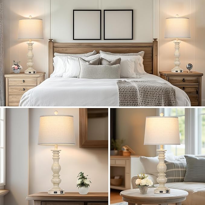 28" Farmhouse Table Lamps Set of 2 with USB C+A Ports & AC Outlet for Vintage Living Room Retro Bedroom,3-Way Dimmable Touch Lamp Resin Bedside Lamps for Nightstand Side End Table, Beige - Bloomnest