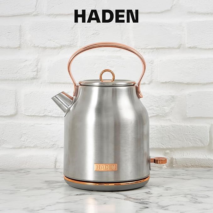 Haden Heritage 1.7 Liter Stainless Steel Electric Kettle, Hot Water Kettle with 360-Degree Base and Auto Shutoff, Steel & Copper - Bloomnest