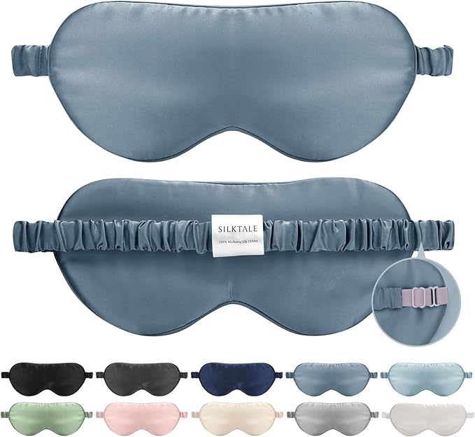 Mulberry Silk Blackout Adjustable Sleep Eye Mask for Men/Women Travel Plane,Ash Blue - Bloomnest