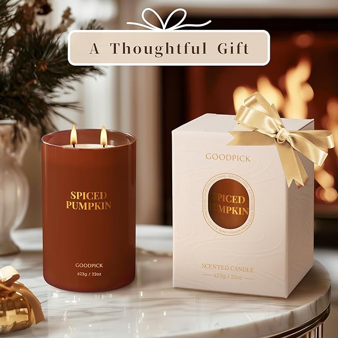 Goodpick Spiced Pumpkin Candles, Fall Scented Candles for Home, 22oz Soy Wax, Warm Cinnamon & Clove 120hrs, Cozy Autumn Gift - Bloomnest