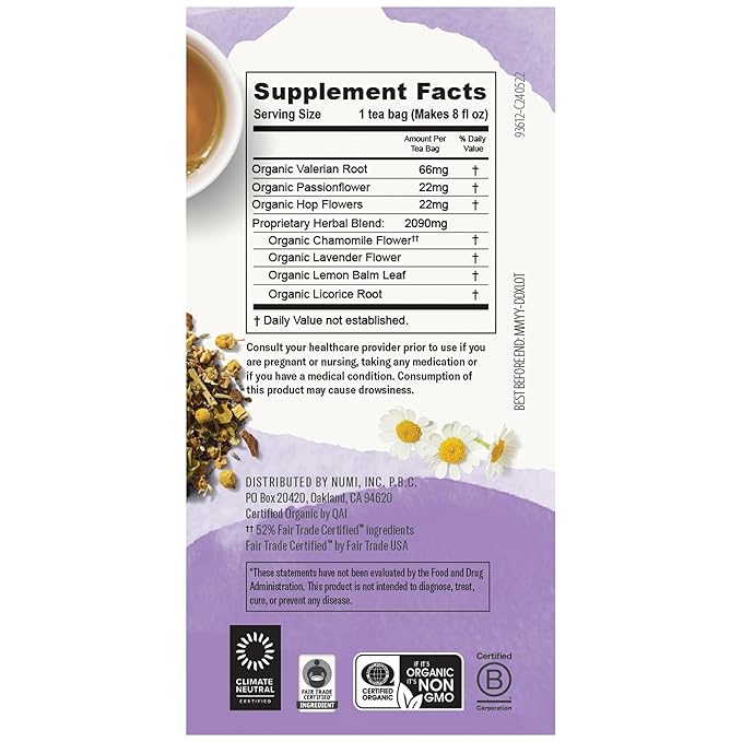 Numi Organic Tea Sweet Slumber with Chamomile, Valerian Root & Lavender, 16 Count Box of Tea Bags (Pack of 3) Herbal Teasan (Packaging May Vary) - Bloomnest