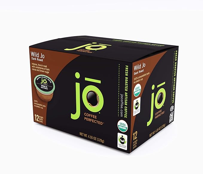 WILD JO: 12 Cup Organic Dark French Roast Compostable Coffee Pods for Keurig K-Cup Compatible Brewers | Bold Strong Rich Wicked Good | Eco-Friendly Single Serve | Fair Trade Certified by Jo Coffee® - Bloomnest