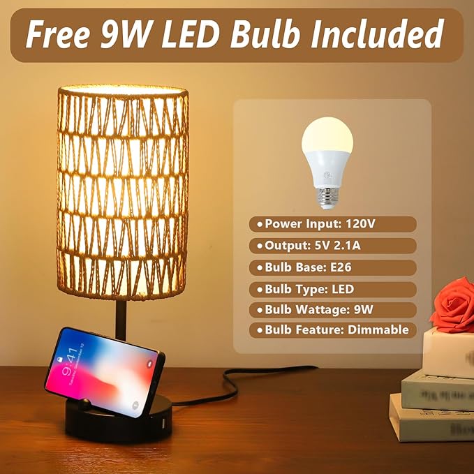 Touch Table Lamp For Bedroom with Bulb, Boho Small Desk Lamp For Living Room With Rattan & Linen Shade, 3 Way Dimmable Bedside Table Lamp For Nightstand With USB Charging Port & Phone Stand For Office - Bloomnest