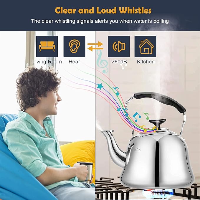 Tea Kettle Stovetop Whistling Teakettle ClassicTeapot Stainless Steel Tea Pots for Stove Top with Heat-resistant Folding Handle Mirror Finish, 2 liters