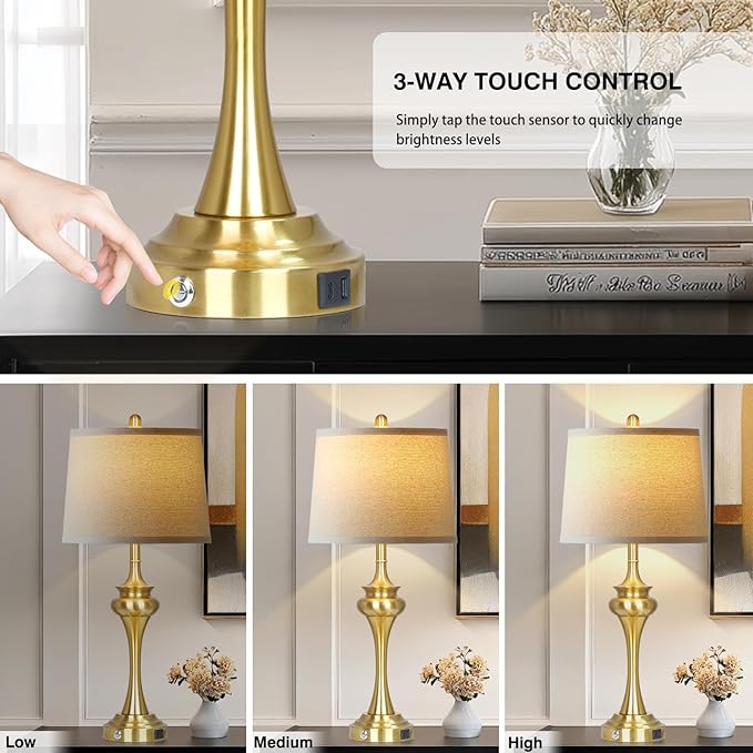 30" Gold Tall Table Lamps for Living Room, Touch Control Modern Bedroom Table Lamp with USB A+C Ports, 3-Way Bedside Lamps Set of 2, Elegant Metal Lamp for Night Stand Desk Side Table Office - Bloomnest