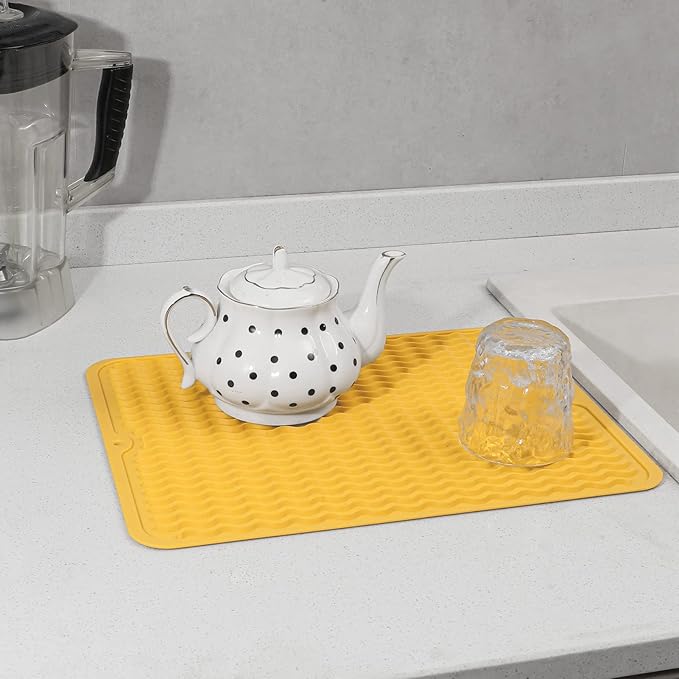 Silicone Dish Drying Mat for Multiple Usage,Easy clean,Eco-friendly,Heat-resistant Silicone Mat for Kitchen Counter or Sink,Refrigerator or drawer liner Yellow L 16 inches x 12 inches - Bloomnest