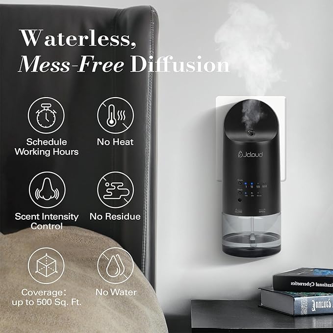 JCLOUD 2025 Plug in Diffuser for Essential Oils, Waterless Scent Diffuser Cover Up to 500 Sq. Ft. for Home, Office, Spa - Portable Wall Aromatherapy Device 160ML, Black - Bloomnest