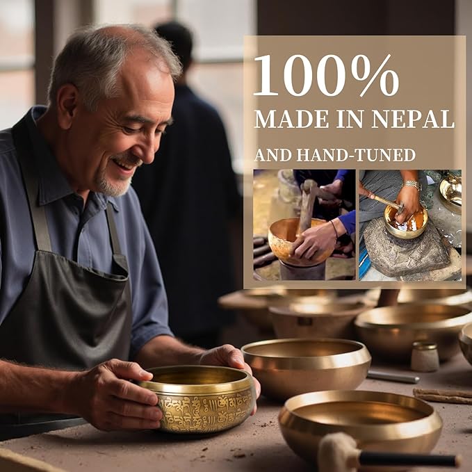 AKLOT HandMade Meditation Singing Bowl: Tibetan Sound Bowl Set with Pure Tone, Sound Bath Bowl with Cushion, Mallet, Carry Bag, Spiritual Gift for Chakra Clearing, Yoga, Prayer, Relaxation (5 Inch)