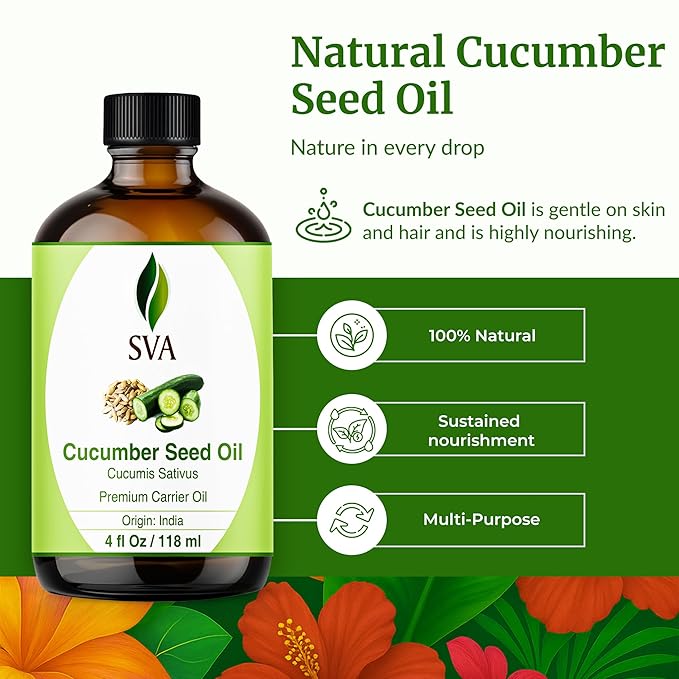 SVA Cucumber Seed Oil - 4 Fl Oz – 100% Natural Cold Pressed Cucumber Oil - for Face, Skin Care, Hair Care, Scalp Massage & Body Massage – Carrier Oil with Dropper - Bloomnest