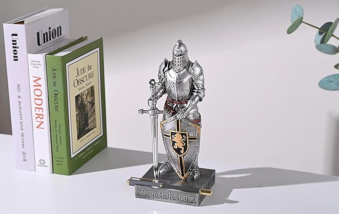 King's Guard Ornament Knight Statue for Desk, Desktop Accessories Pen Holder Pen Stand Paperweight for Office and Home (Silver)
