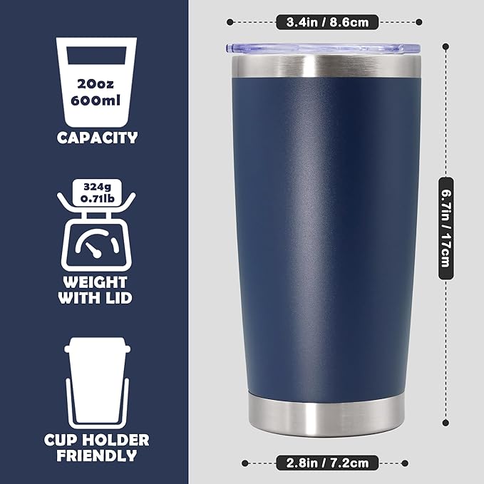 20oz Tumbler Stainless Steel Tumbler Cup with Lid Vacuum Insulated Double Wall Travel Mug, Durable Powder Coated Travel Coffee Tumbler Mug for Hot & Cold Drinks, Navy,1 Pack - Bloomnest