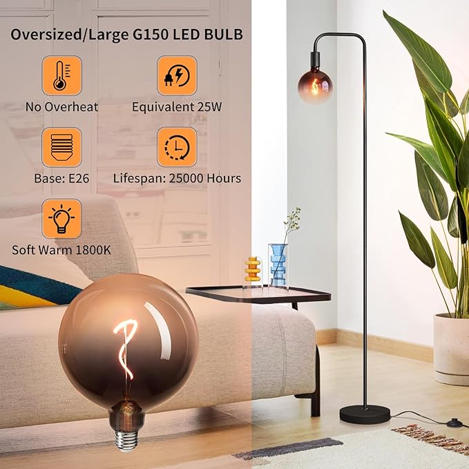 ONEWISH Floor Lamp for Living Room - Minimalist Industrial Standing Lamp with Modern LED Bulb, Globe Black Clear Glass 6", 1800K Warm Ambiant Lighting Decorative Tall Floor Lamp for Bedroom Office - Bloomnest