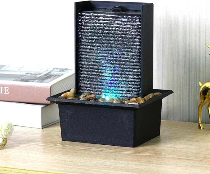 Small Indoor Relaxation Tabletop Fountain, Zen Meditation Waterfall Feature with Color LED Light & Natural Rocks, 4 Level Desk Waterfall for Home Office Bedroom Living Room Decoration (Style 2) - Bloomnest
