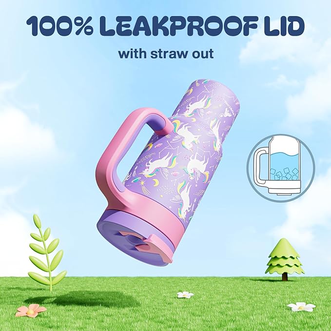 24 oz Kids Tumbler with Handle: Leakproof, Stainless Steel Cup with Straw Lid, BPA-Free, Insulated Water Bottle for School, Travel, Gift, Daycare, Home, Picnic, Outdoor Activities (Starlight Unicorn) - Bloomnest