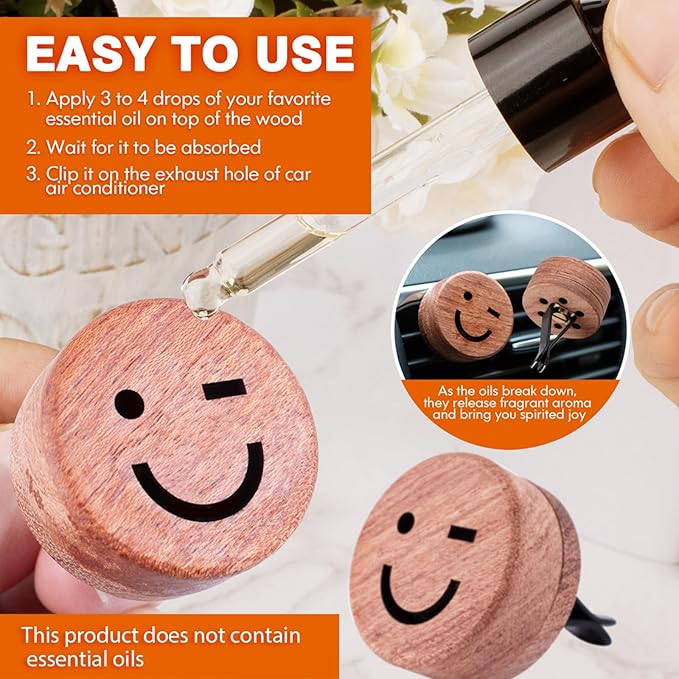 Essential Oil Car Diffuser, 2 PCS Smile Car Aromatherapy Wink Wood Diffuser with Vent Clip - Bloomnest