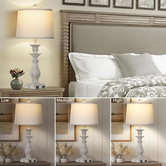 28" Farmhouse Table Lamps for Living Room Set of 2, 3-Way Dimmable Touch Bedside Lamps with USB C+A Ports & AC Outlet, Resin Vintage Tall Nightstand Lamps for Bedroom Office End Table, Grey - Bloomnest