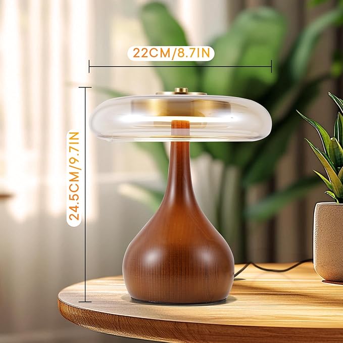 Small Table Lamp for Bedroom-Wooden Base Teardrop Mushroom Table Lamps,Amber Glass Shade,LED Three Color Temperature Adjustable Brightness Modern LED Side Table and Desk Lighting(H 9.7 in) - Bloomnest