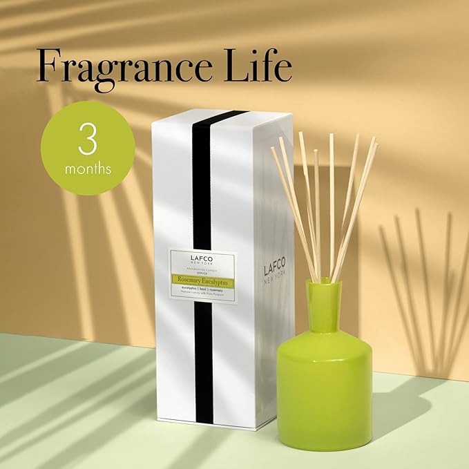 LAFCO New York Classic Reed Diffuser, Rosemary Eucalyptus - 6 oz - Up to 3 Months Fragrance Life - Reusable Glass Vessel - Natural Wood Reeds - Made in The USA