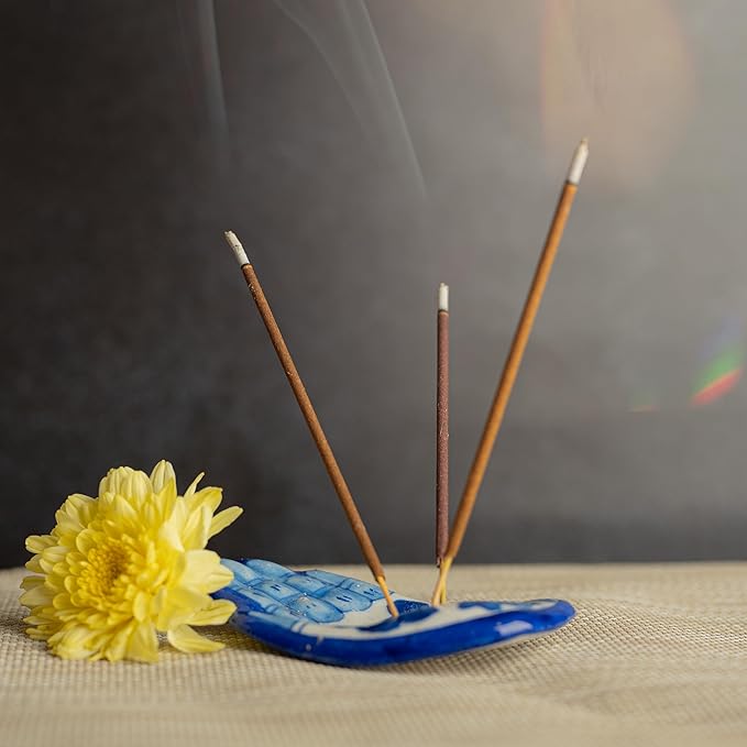 Blue Pottery Agarbatti Stand Ceramic Humsa Hand Handicrafted HandShape Design Incense Holder Decorative Accessory for Home Office and Gifting (White and Blue Design-1) - Bloomnest