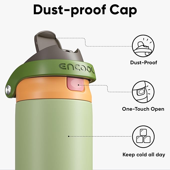 ENCOOL Leakproof Insulated Water Bottle with Straw Dual-Sip Water Bottle Bag-Safe Design for Work, Commute & Gym – Keeps Drinks Cold All Day, 32 oz, Sage Green ENCOOL