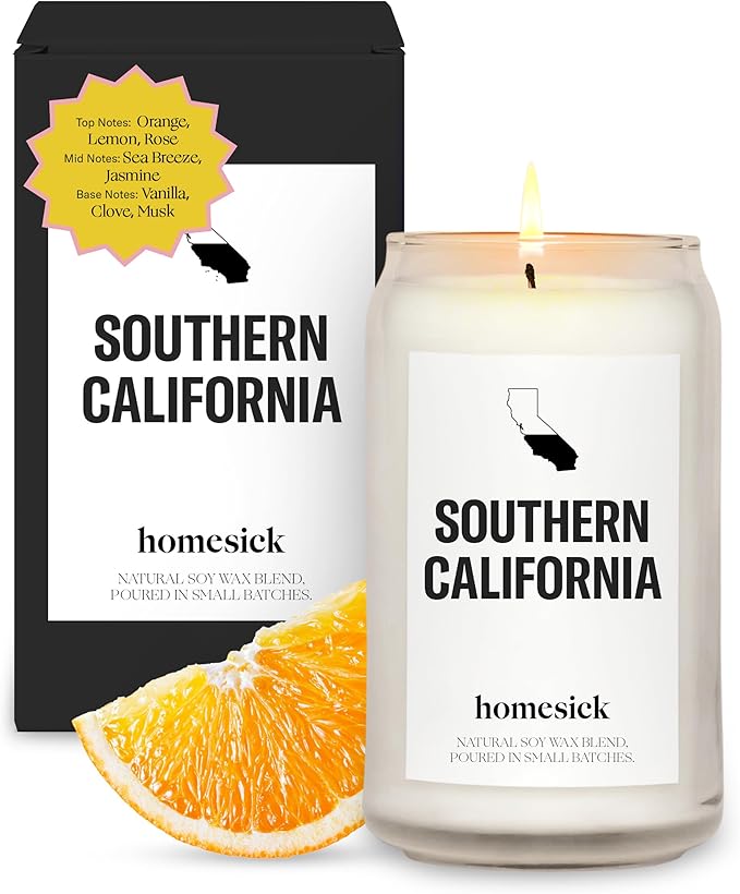 Homesick Scented Candles for Home (Southern California) - 13.75 oz Long-Lasting Soy Wax Jar Candle for Women & Men for All Occasions, 60-80 Hours Burn Time - Notes of Orange, Lemon & Rose - Bloomnest