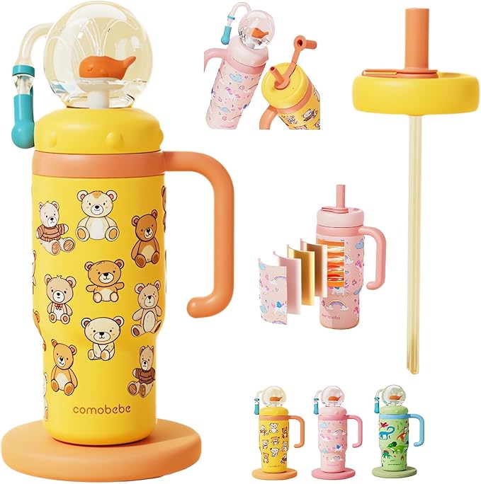 Stainless Steel Whale Fountain Tumbler with Handle 2025 Drinking Cup with Whale Squirt Insulated Travel Tumblers Kids Weighted Sippy Cup No Spill Cute Water Bottle with Lids and Straws Leak Proof (A1) - Bloomnest