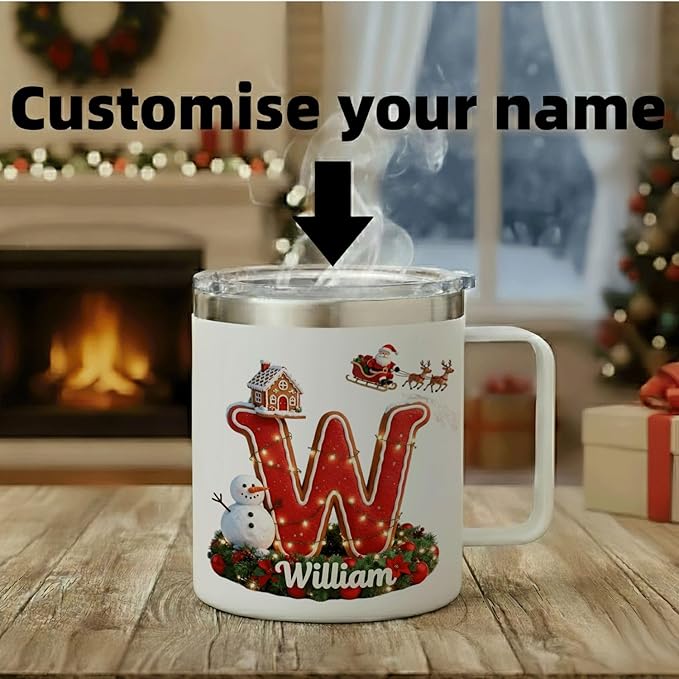 Personalized Christmas Mug | Custom Gingerbread Village Initial Insulated Cup with Handle & Lid | 12oz Holiday Tumbler, Cute Santa & Snowman Gift for (B35) - Bloomnest