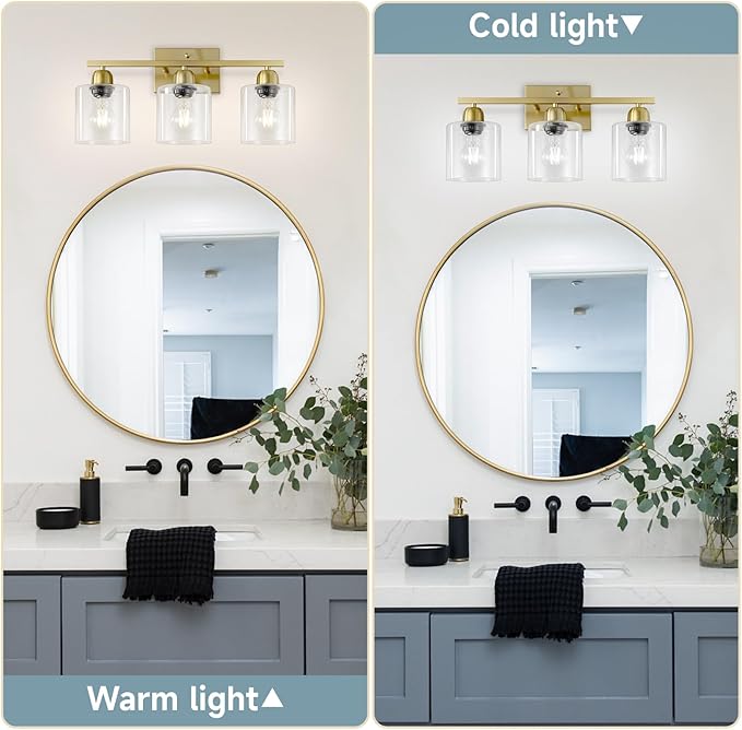 Modern Brushed Gold 3 Light Bathroom Light Fixtures, 19 inch Vanity Lights for Bathroom with Clear Glass for Mirror Kitchen Living Room Hallway Cabinet Porch - Bloomnest