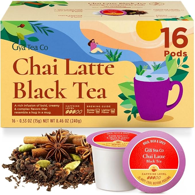 Gya Tea Co Caffeinated Chai Latte Black Tea Pod (16 Count) - Smooth, Flavourful, Robust, Enjoy Hot or Iced - Bloomnest