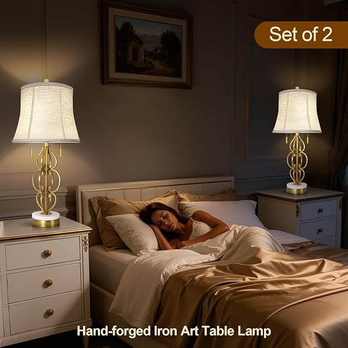 Scenekoy Table Lamp Set of 2 with USB Ports, Pull Chains Switch, 28” Gold Leaf Curved Iron Art Bedside Lamps with Linen Shade for Living Room Bedroom, Nightstand Lamps for Home Room Decor - Bloomnest